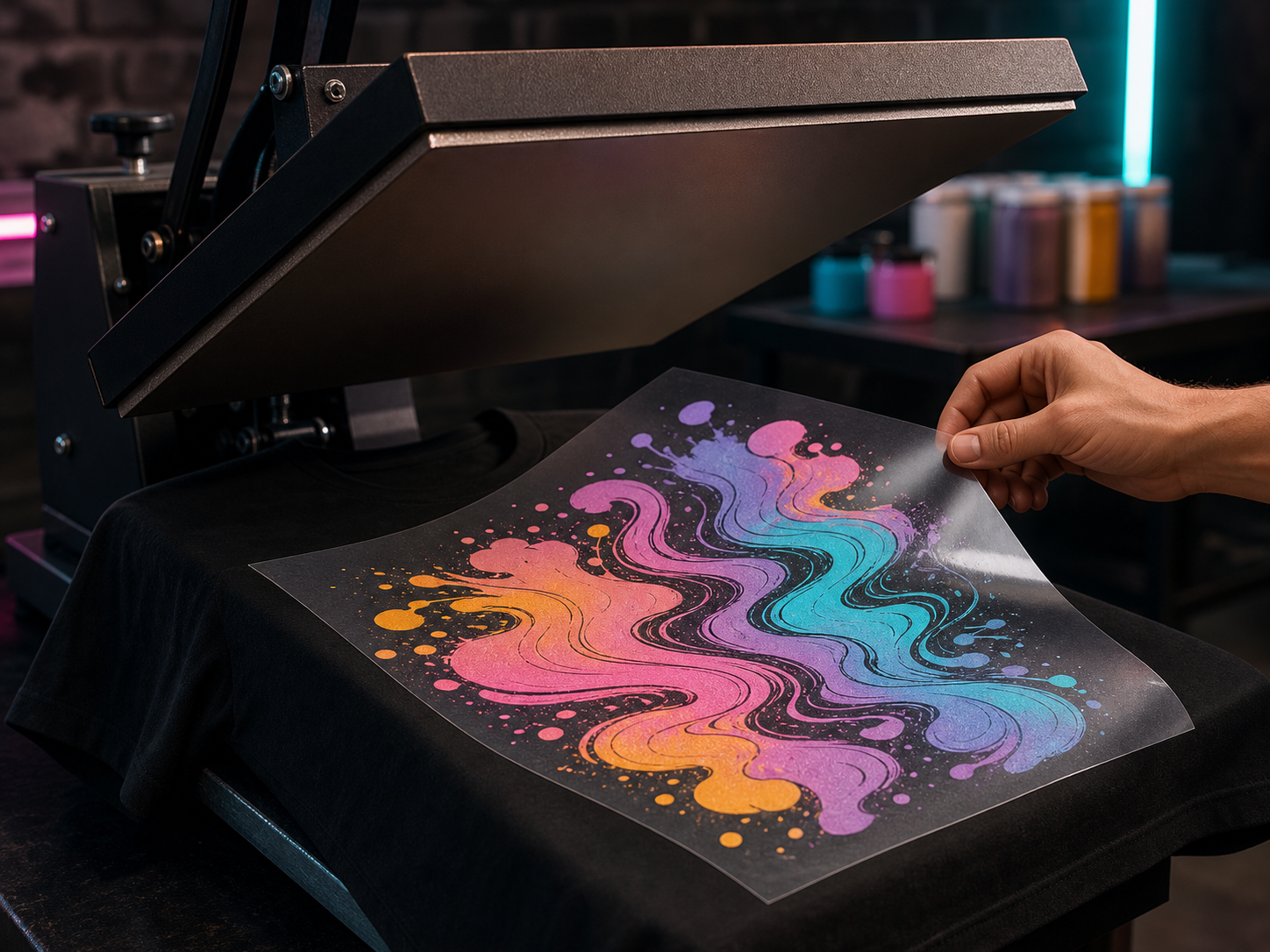 Full-color DTF transfer positioned beneath a heat press
